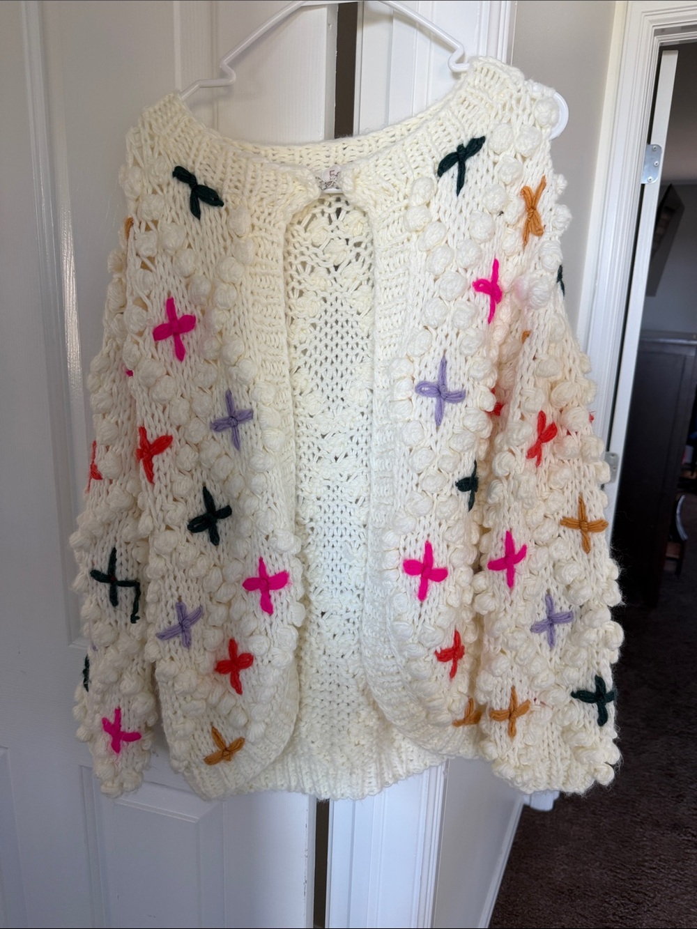 Fate Cream Crochet Cardigan with Colorful Cross Stitch Accents
